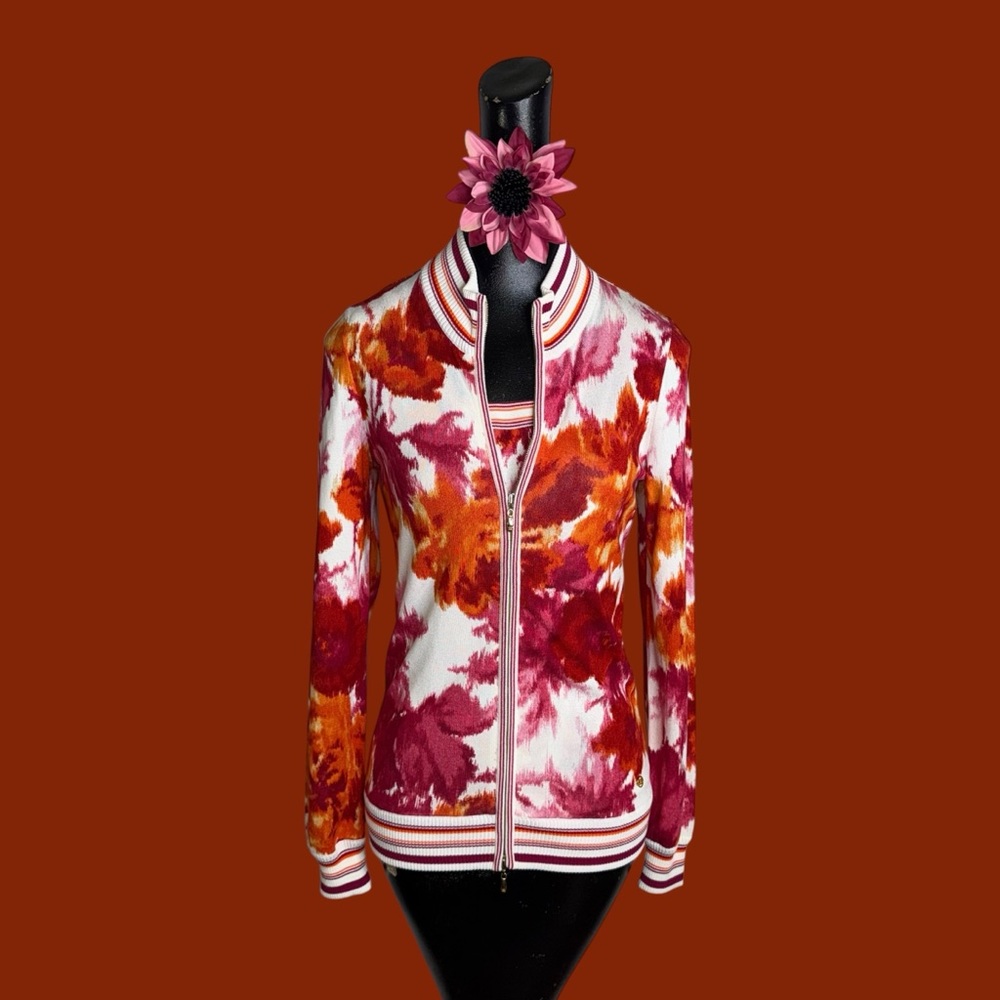 Escada vintage floral print cardigan bomber jacket and tank top set.